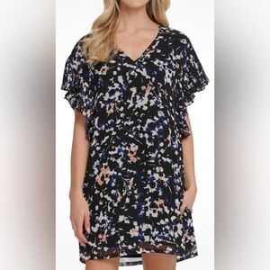 NWT DKNY Flutter Sleeve Floral Shift Dress Size Large V-Neck